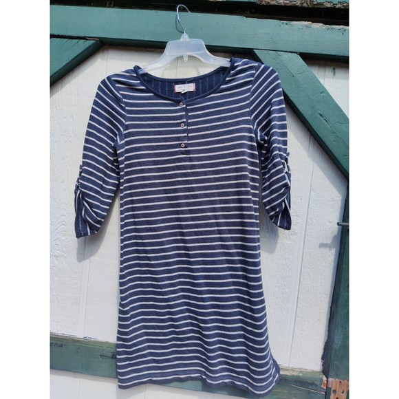 Max Studio Dresses & Skirts - Max Studio Dress Weekend Henley Blue White Striped Roll-tab Sleeves Mini Medium
